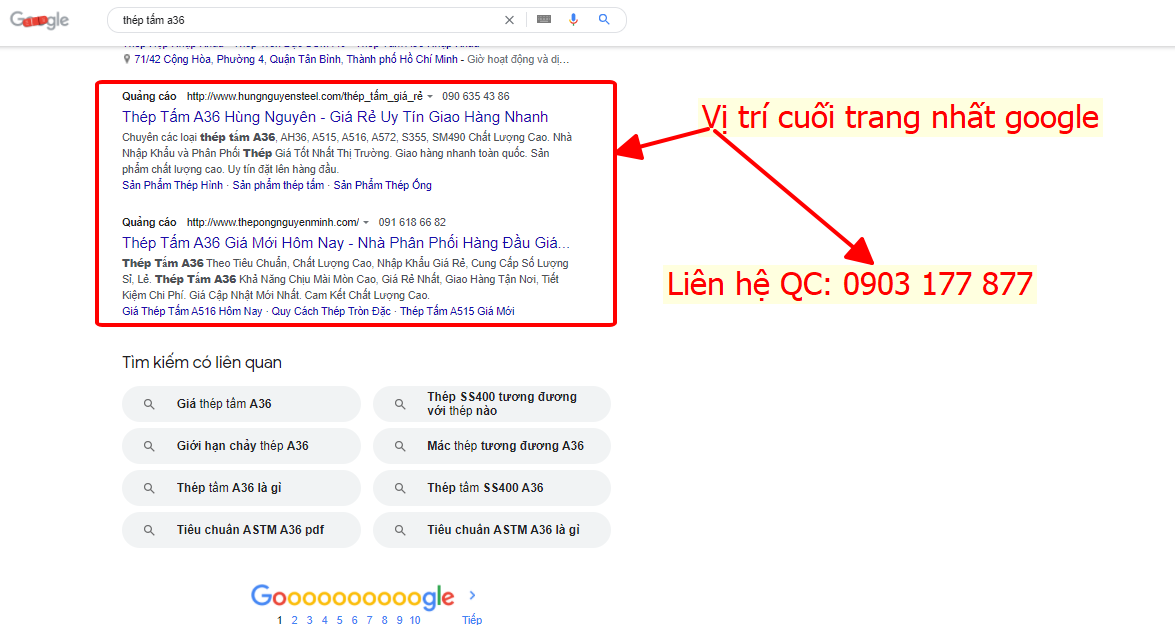 vị trí cuối trang nhất google